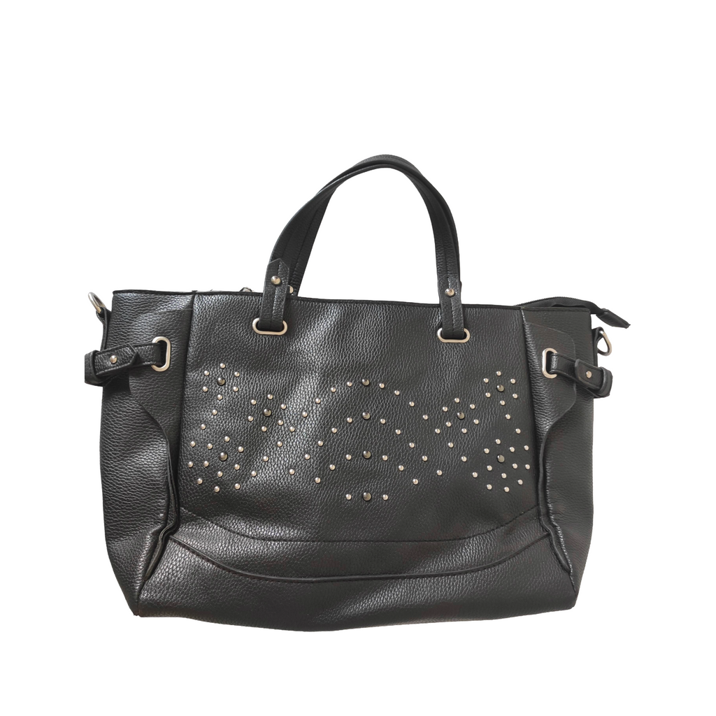 Black handbag with studded details on a white background