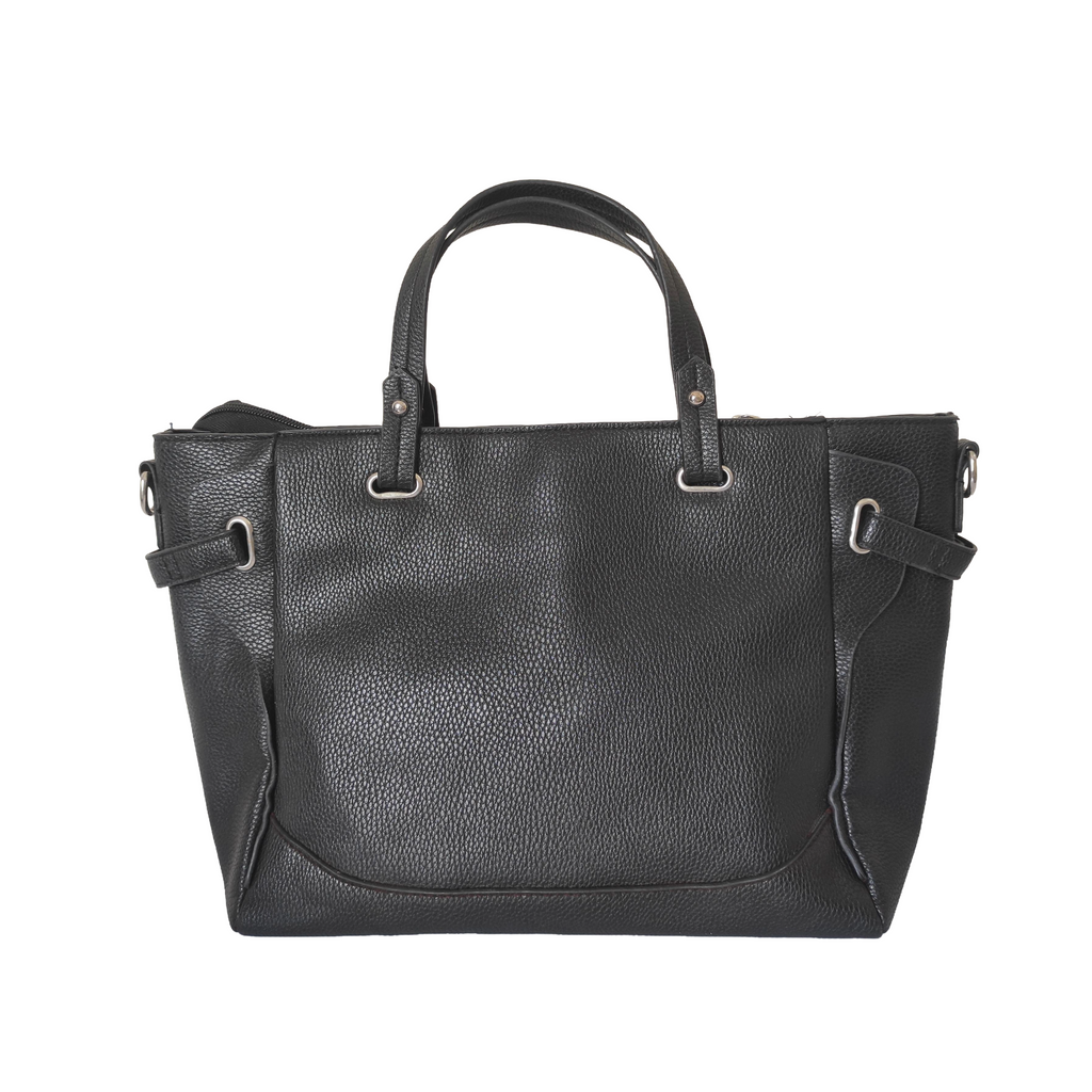 Black leather handbag on a white background