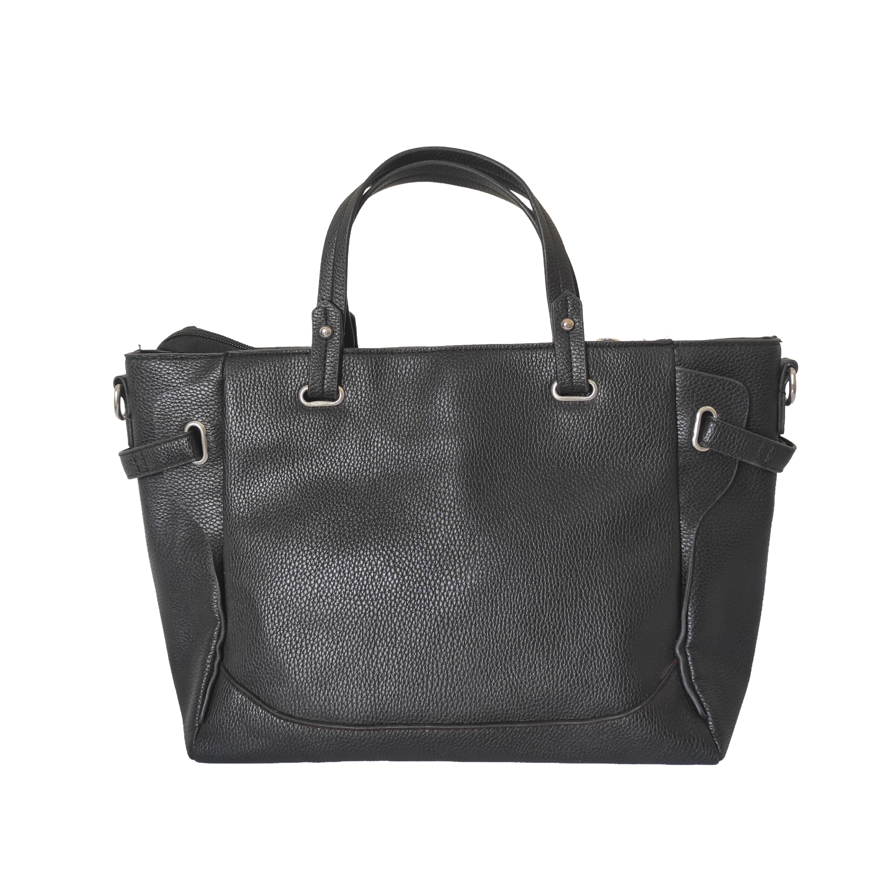 Black leather handbag on a white background
