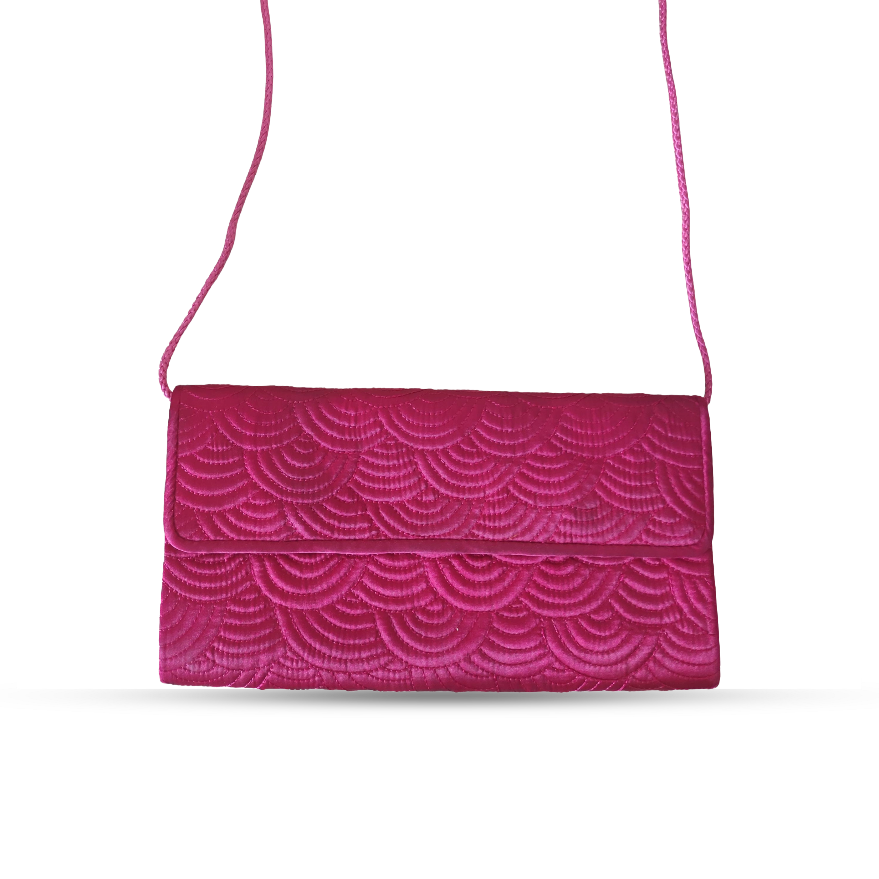 Pink textured clutch bag with a strap on a white background