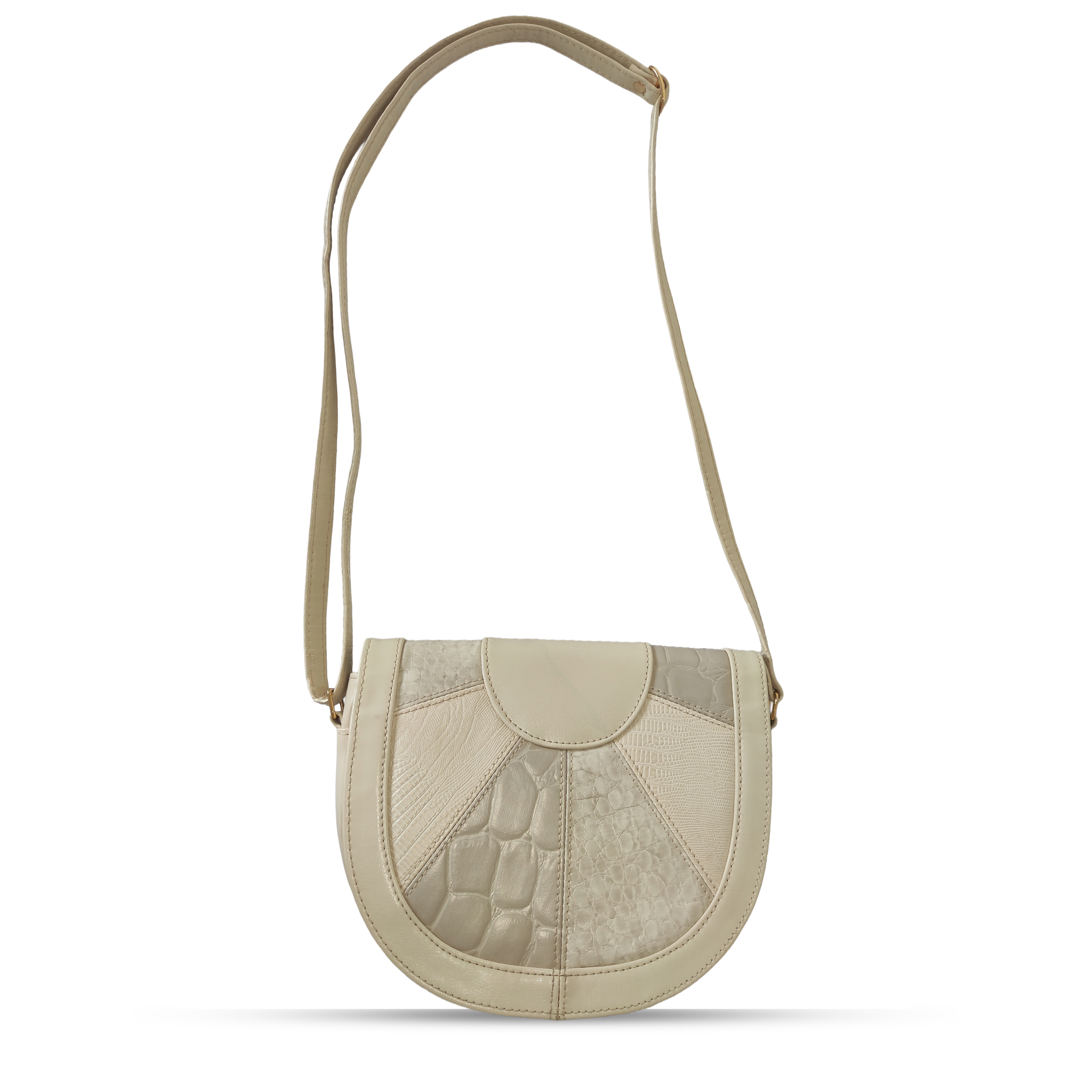 Beige crossbody bag with a textured pattern on a white background